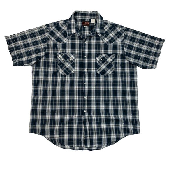 Plains Western Wear Shirt Mens XL Navy Silver Pearl Snap Button Plaid Cowboy - Picture 1 of 10